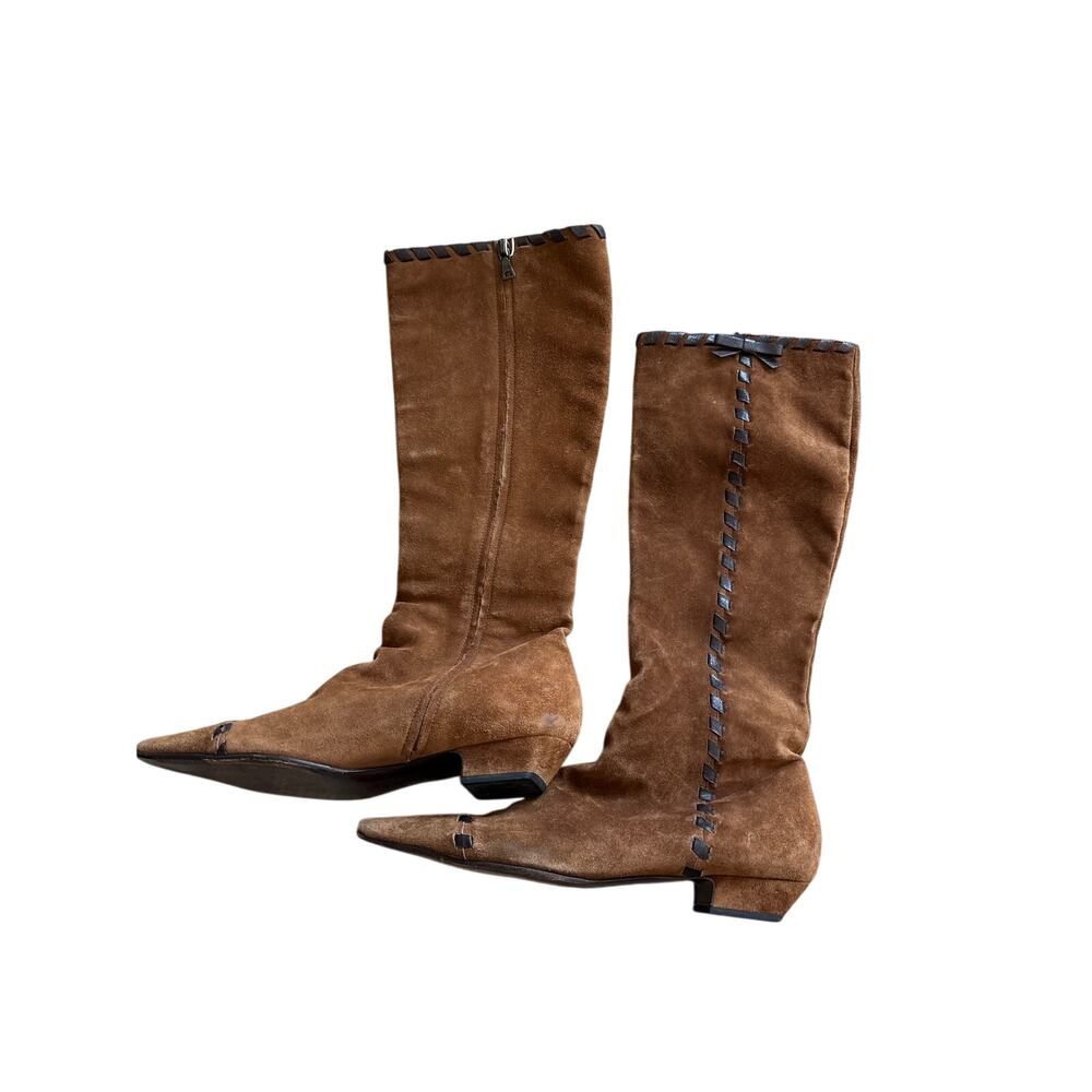 Prada Suede Knee High Boots 40 Whipstitch Bow Tobacco Y2K Vintage Authenticated